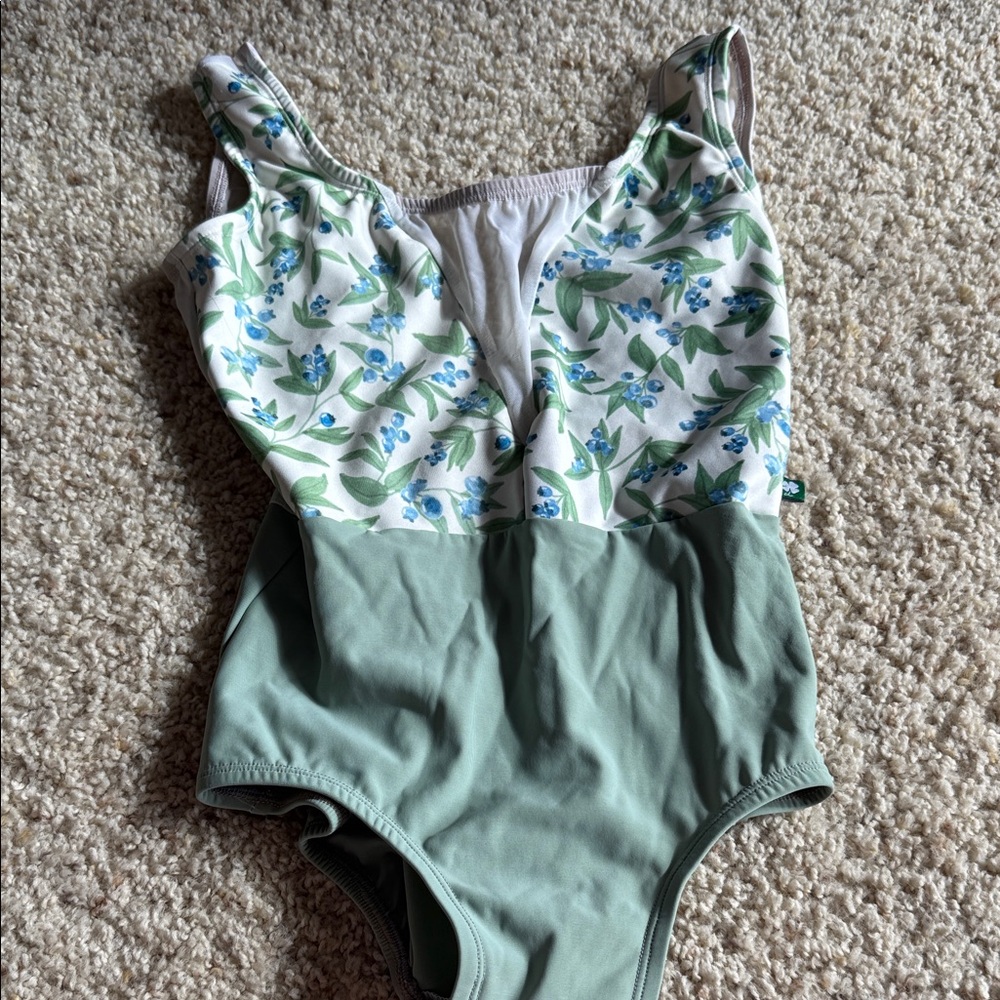 Luckyleo blueberry print green base v dip top leotard